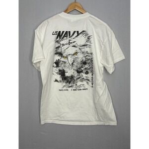 Vintage Shirt Mens White Graphic US Navy Eagle Freedom Strength Large Military